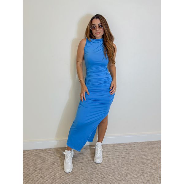 Vestido Midi Franzido Suplex Azul
