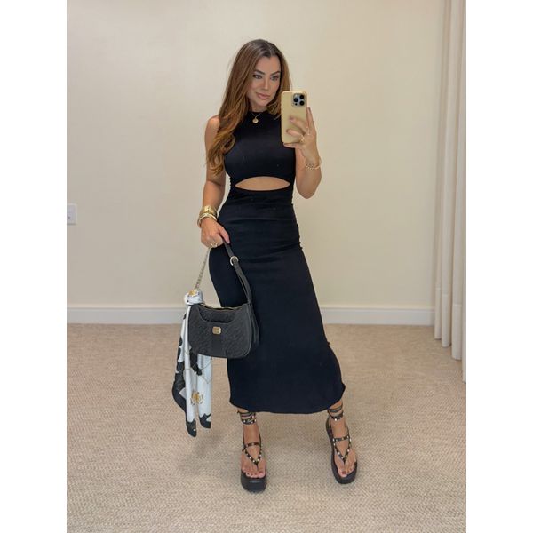 Vestido Canelado Romana Preto