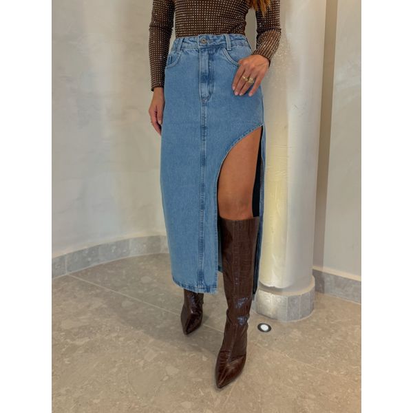 Saia Midi Fenda Jeans
