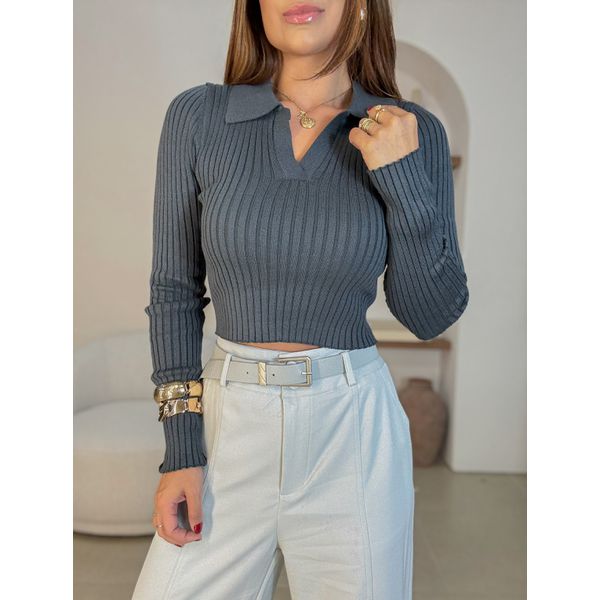 Blusa Tricot Gola Polo Azul Petróleo