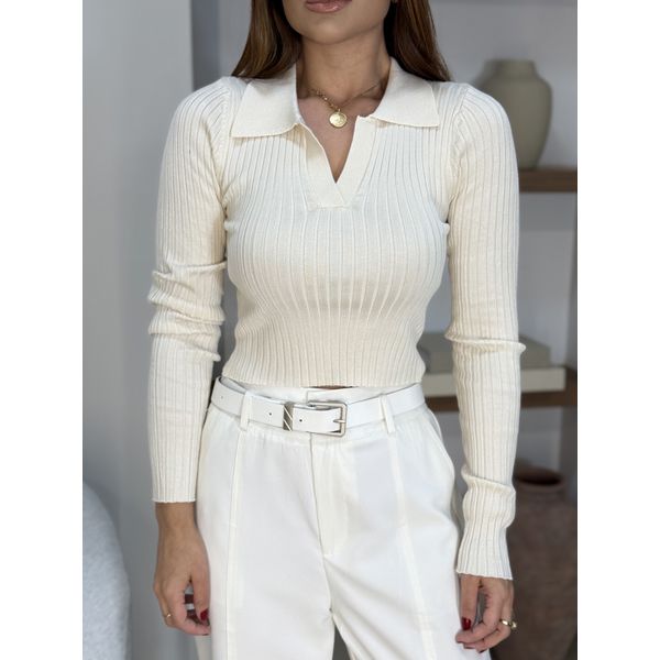 Blusa Tricot Gola Polo Areia