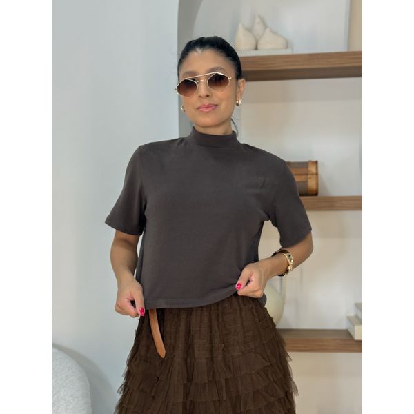 Blusa Manguinha Aveludada Café 