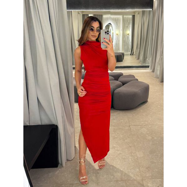 Vestido Midi Franzido Suplex Vermelho