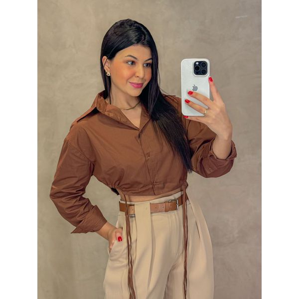 Camisa Cropped Tricoline Café 