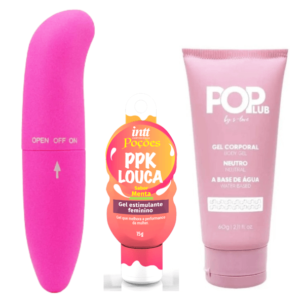 Kit Vibrador Golfinho, Excitante beijável PPK louca e Lubrificante Pop neutro a base de água