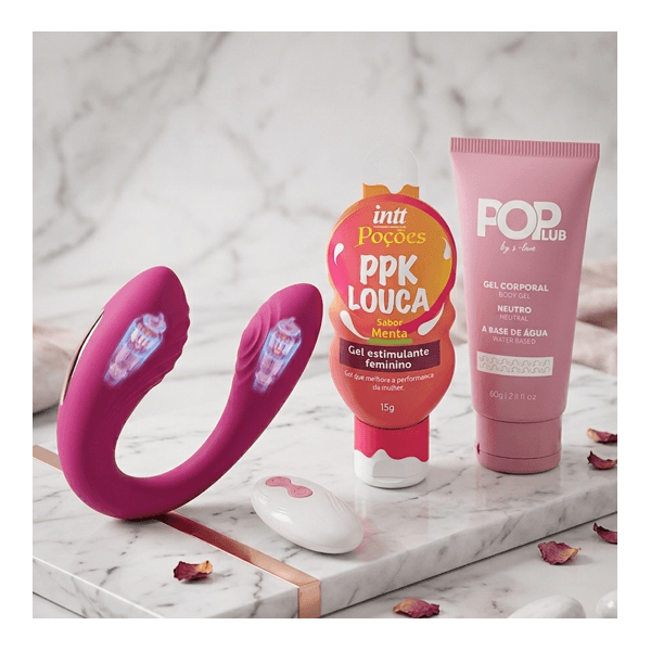 Kit Vibrador casal com controle, lubrificante Pop neutro e excitante PPK Louca