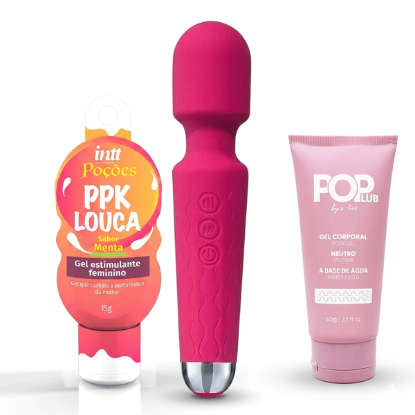 kit varinha mágica, lubrificante pop neutro e excitante ppk louca sabor menta