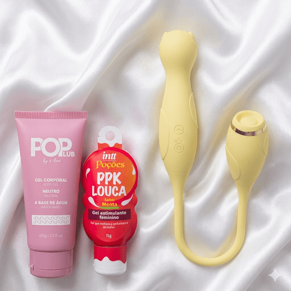 Kit vibrador Bullet com dois estimulos, lubrificante Pop neutro e excitante PPK louca sabor menta