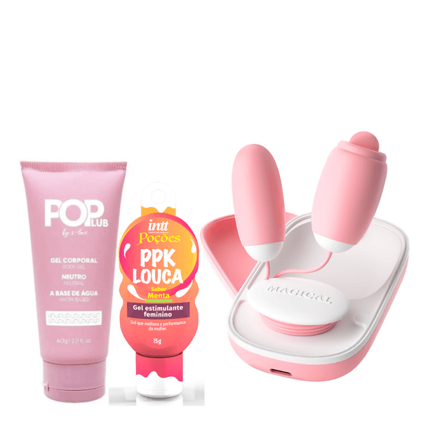 Kit com vibrador Bullet com dois estimulos e controle, lubrificante Pop neutro e excitante PPk louca com sabor de menta