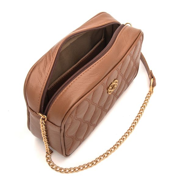 Bolsa Feminina Pequena em Couro Legítimo Marrom Metalassê Alça em Corrente Dourada