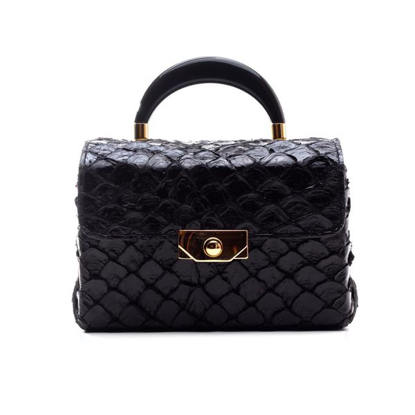 Bolsa Feminina Baú Couro Pirarucu Exótico Preto Elegante