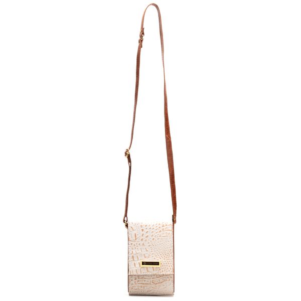 Bolsa Porta Celular em Couro Legítimo Off White e Caramelo Pequena Estilosa e Prática 