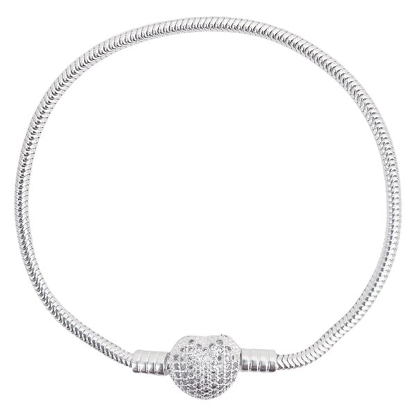 Pulseira Berloque Fecho Coração Cravejado Prata 925