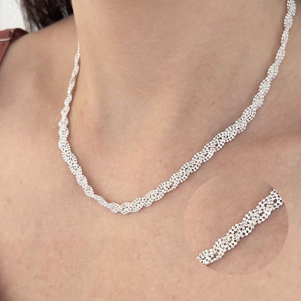 Colar Trança Bolinhas Diamantada 45cm Prata 925