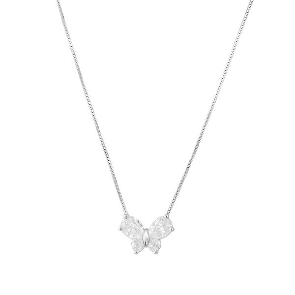 Colar Pingente Borboleta Pedras 45cm Prata 925