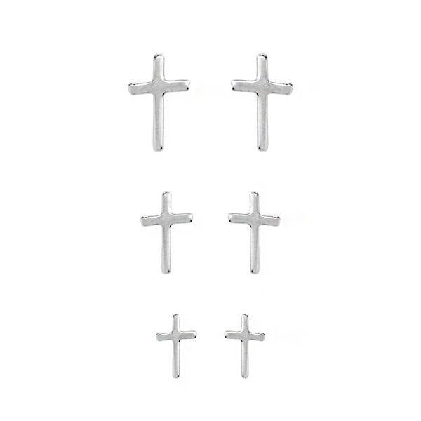 Trio Brincos Cruz Lisa Prata 925