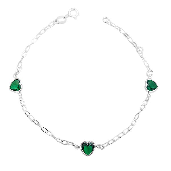 Pulseira Corações Esmeralda Prata 925