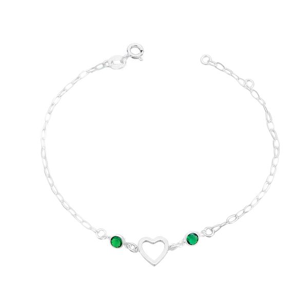 Pulseira Coração Vazado Zircônias Esmeralda Prata 925