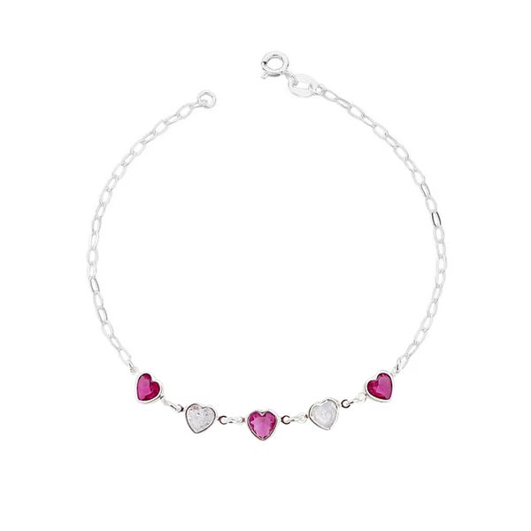 Pulseira Corações Pink e Cristal Prata 925