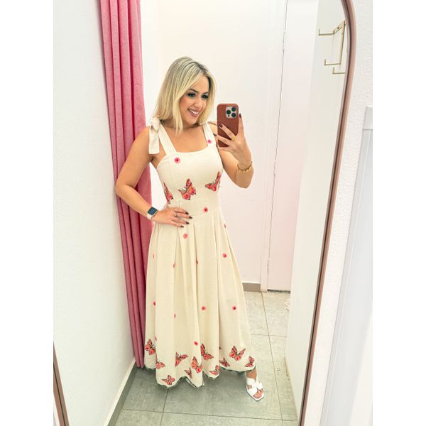 VESTIDO LINHO BORDADO BORBOLETA ROSA ALÇA