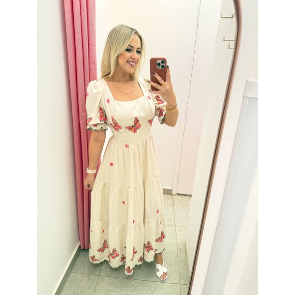 VESTIDO LINHO BORDADO BORBOLETA ROSA