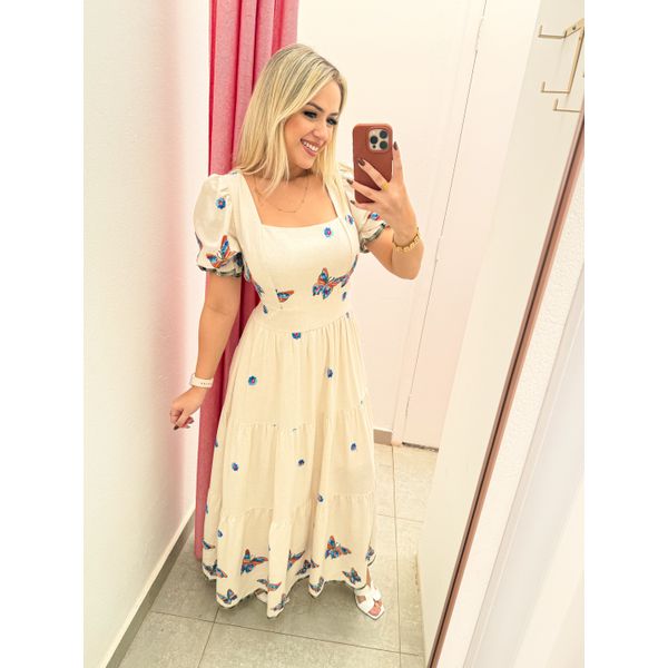 vestido linho bordado borboleta azul
