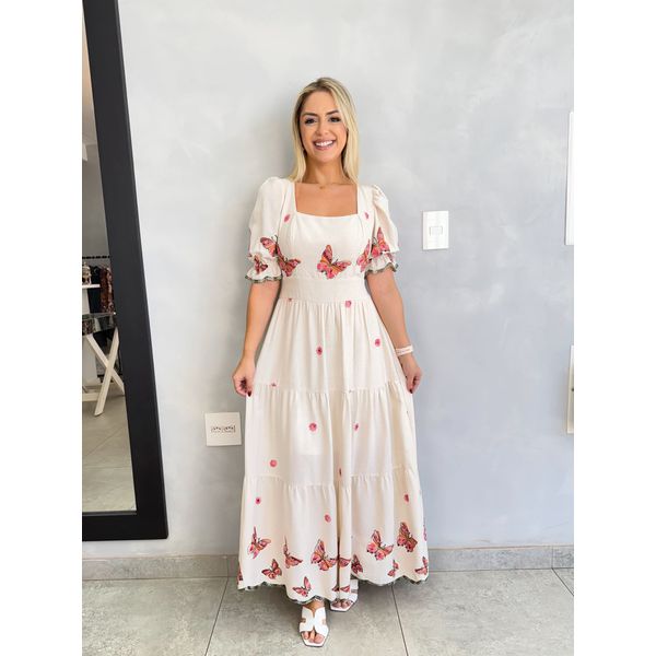 VESTIDO PRINCESA LINHO BORDADO BORBOLETA ROSA