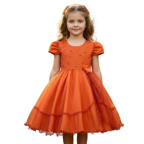 Vestido Laranja Infantil Menina Festa Glitter Perolas Elegante Com Babado