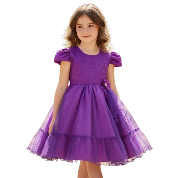Vestido Roxo Infantil Menina Festa Glitter Perolas Elegante Com Babado 