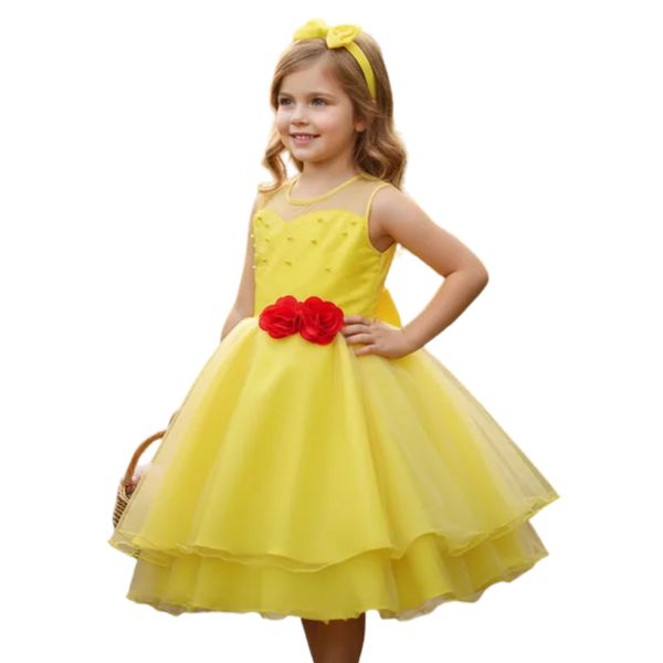 Vestido Infantil Juvenil Bela Fera Fantasia Aniversário Com Luva 