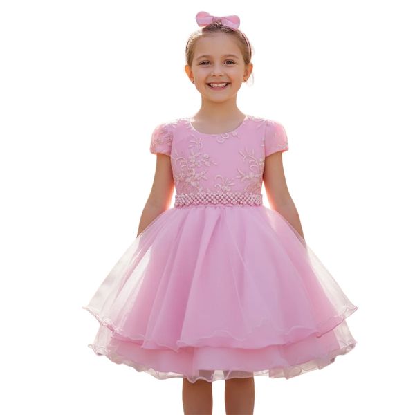 Vestido Infantil Rosa Bebe Festa Bordado Com Cinto De Pérola E Strass 