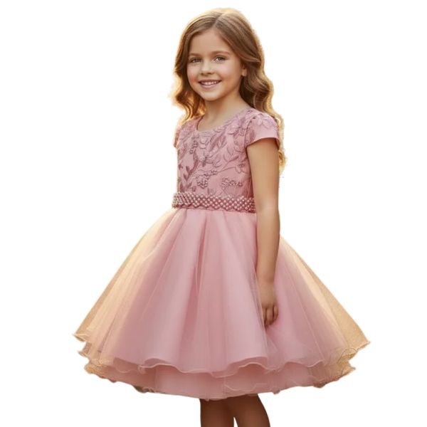 Vestido Infantil Rose Festa Bordado Com Cinto De Pérola E Strass