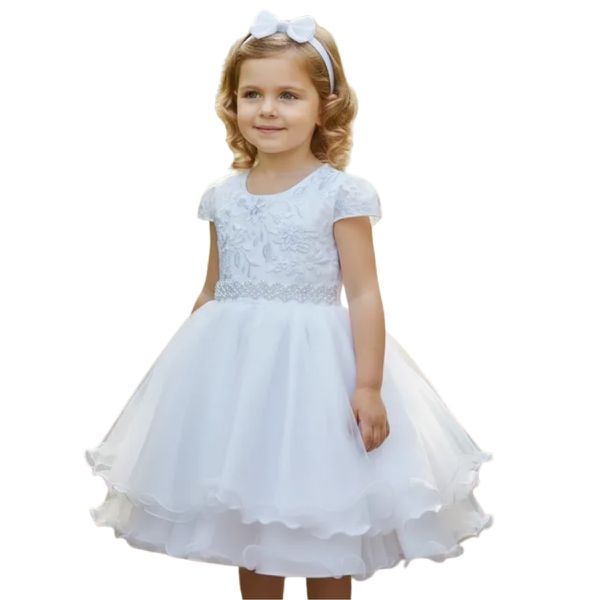 Vestido Infantil Branco Bordado Com Cinto De Pérola E Strass 