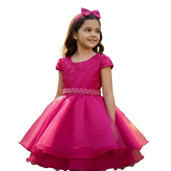 Vestido Infantil Pink Festa Bordado Com Cinto De Pérola E Strass 