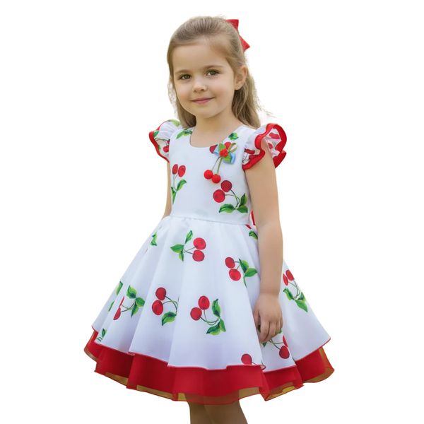 Vestido Infantil Estampado Temático Cereja Festa Princesa