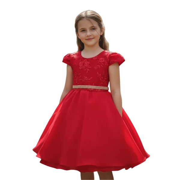 Vestido Juvenil Vermelho Curto Bordado Saia Lisa Com Cinto Dourado 