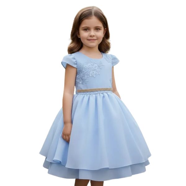 Vestido Juvenil Azul Bebe Curto Bordado Saia Lisa Com Cinto Dourado 