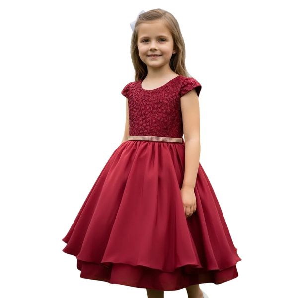 Vestido Juvenil Marsala Curto Bordado Saia Lisa Com Cinto Dourado 