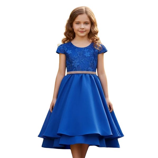 Vestido Juvenil Azul Royal Curto Bordado Saia Lisa Com Cinto Dourado 