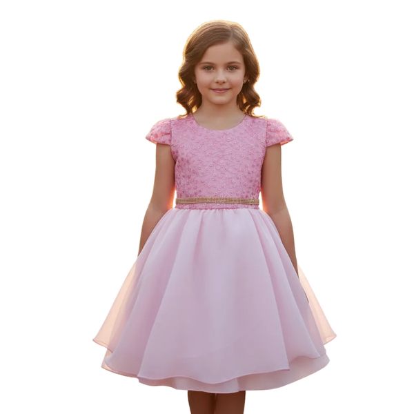 Vestido Juvenil Rosa Bebe Curto Bordado Saia Lisa Com Cinto Dourado 