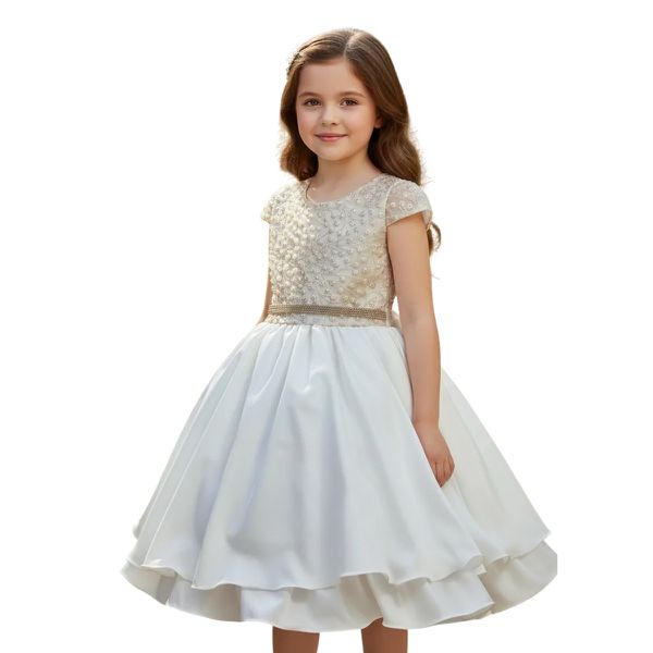 Vestido Juvenil Champanhe Curto Bordado Saia Lisa Com Cinto Dourado 