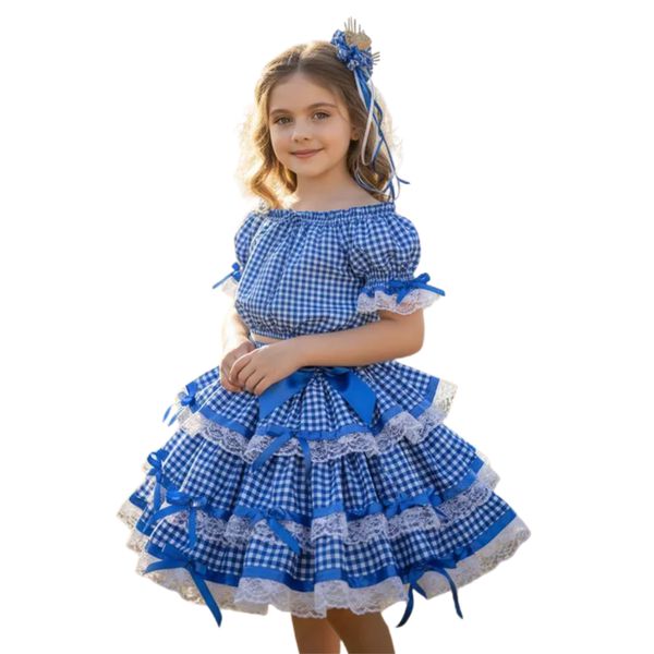 Vestido Conjunto Festa Junina Azul Infantil Xadrez Fitas Babado 