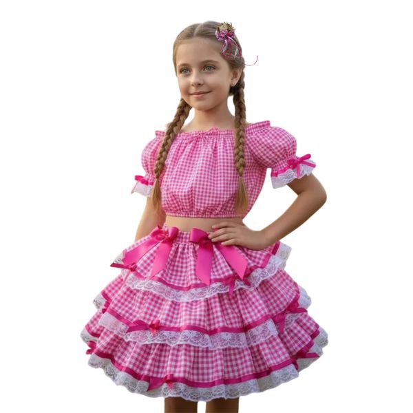Vestido Conjunto Festa Junina Rosa Infantil Xadrez Fitas Babado