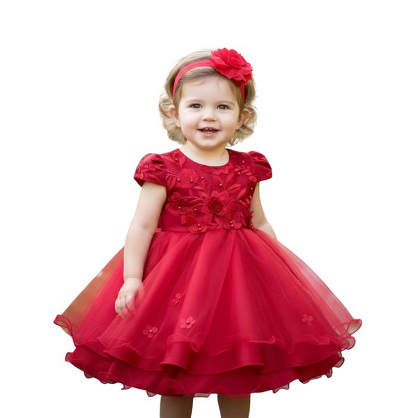 Vestido De Bebê Batizado Menina Vermelho Com Faixa Cabelo 
