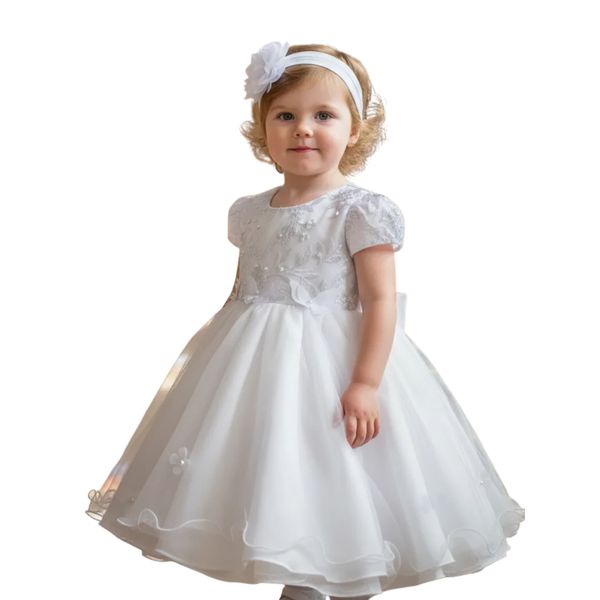 Vestido De Bebê Batizado Menina Branco Com Faixa Cabelo 