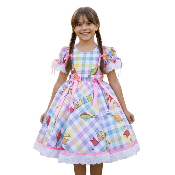 Vestido Infantil Juvenil Festa Junina Lilás Quadrilha São João Flores Bandeirinhas 