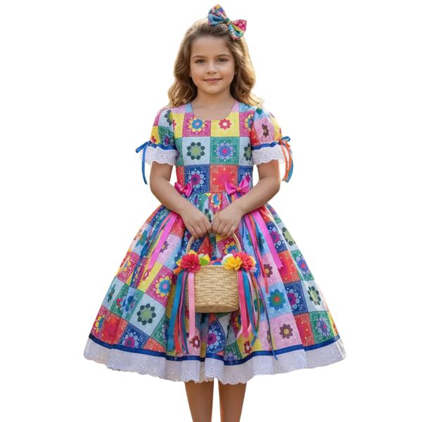Vestido Infantil Juvenil Festa Junina Florido Quadrilha São João Flores Bandeirinhas 