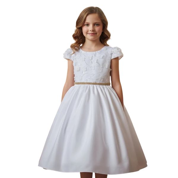 Vestido Juvenil Branco Com Aplicações De Flores Elegante 