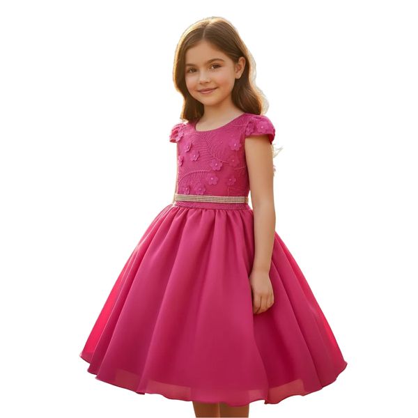 Vestido Juvenil Pink Com Aplicações De Flores Elegante 