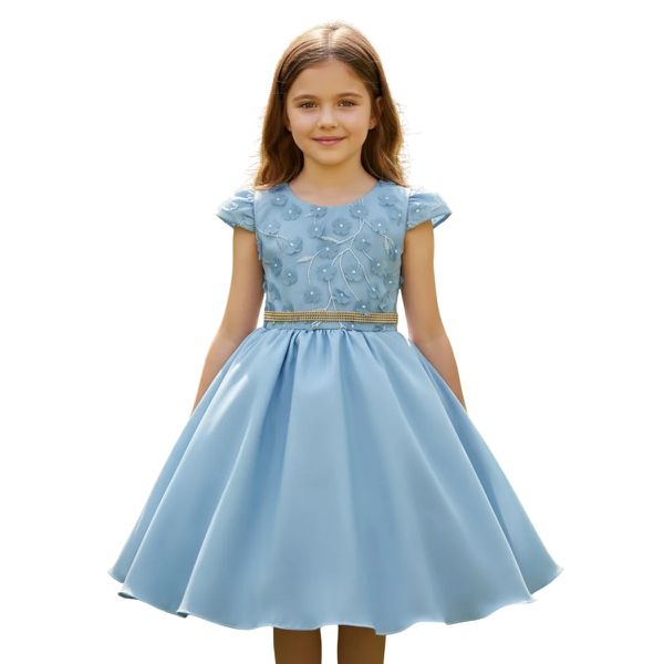 Vestido Juvenil Azul Bebe Com Aplicações De Flores Elegante 